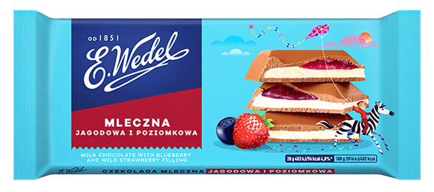 Czekolada Mleczna z nadzieniem jagodowym i poziomkowym - nowe opakowanie