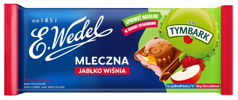 Czekolada Mleczna z nadzieniem Jabłko Wiśnia 289g