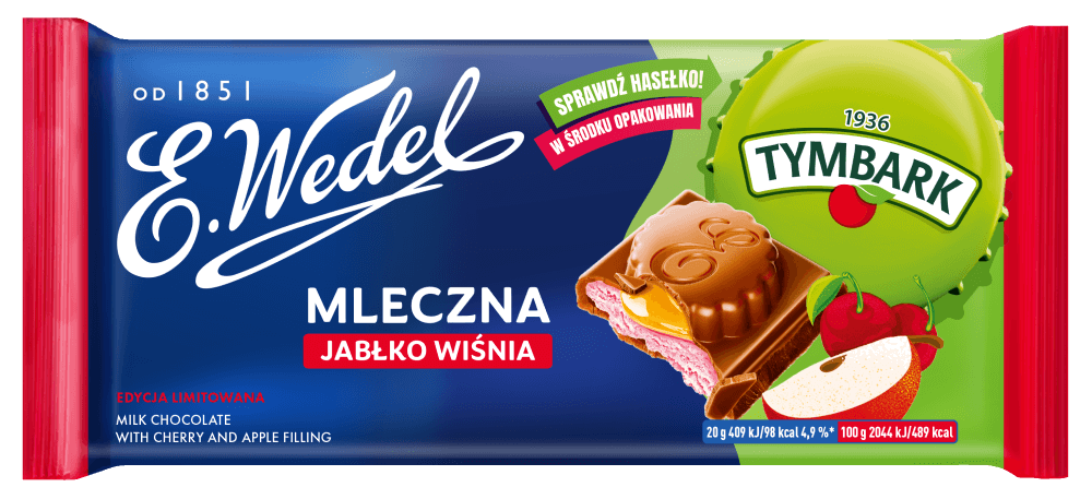 Czekolada Mleczna z nadzieniem Jabłko Wiśnia 100g